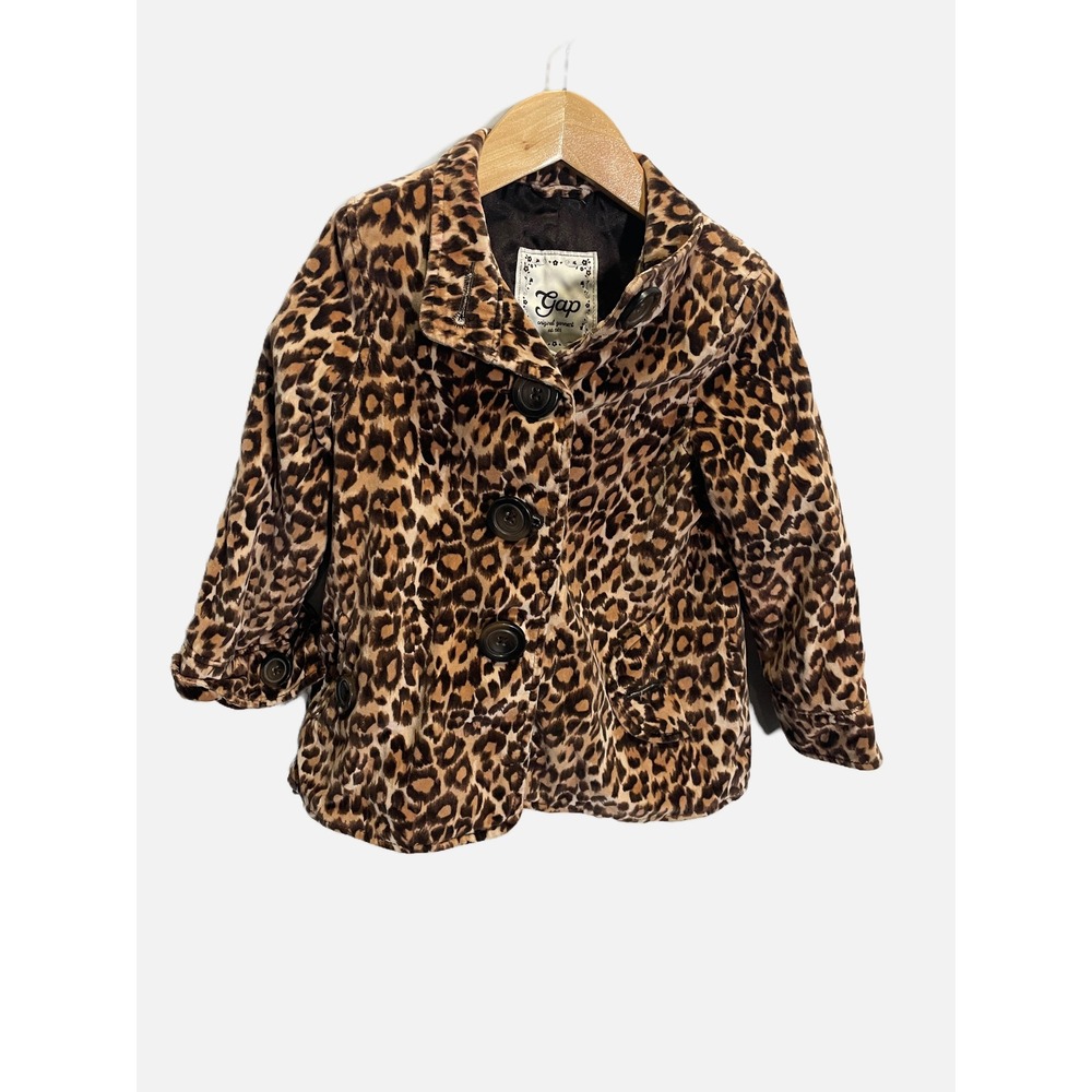 Gap Corduroy Jacket Kids XS 4-5 Brown Leopard Print Animal Pattern Pea Coat